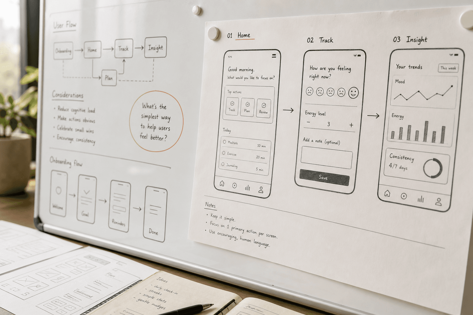 Whiteboard and wireframe sketches — clarity before the product ships